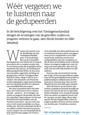 Wéér vergeten we te luisteren naar de gedupeerden in het Toeslagenschandaal