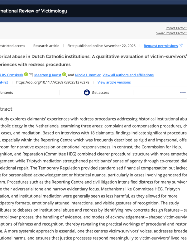 Historical abuse in Dutch Catholic institutions: A qualitative evaluation of victim-survivors’ experiences with redress&nbsp;procedures